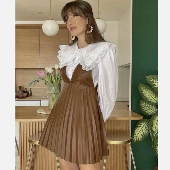 Zara Accordion Pleated Faux Leather Mini Dress Brown Size XS Blogger Fav - Picture 1 of 8